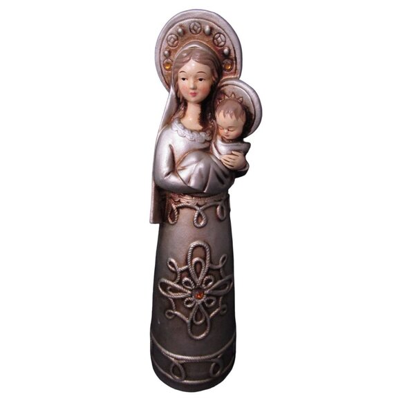 Vintage Papier Mache Madonna With Child Figurine Silver Tone Rhinestone Accents - Picture 1 of 16